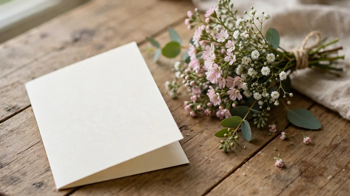 A simple congratulations card and a small bouquet of flowers on a wooden table
