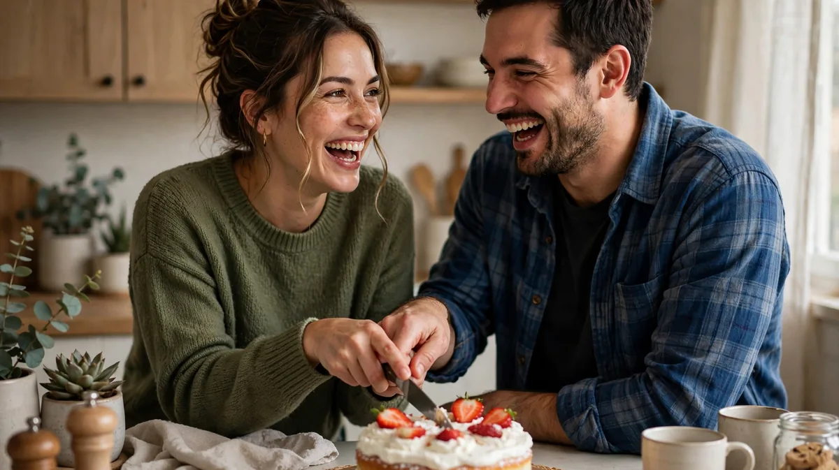 A couple laughing together while cutting a small celebration cake at home