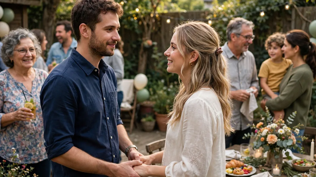 A couple holding hands at a small outdoor celebration with family and friends nearby