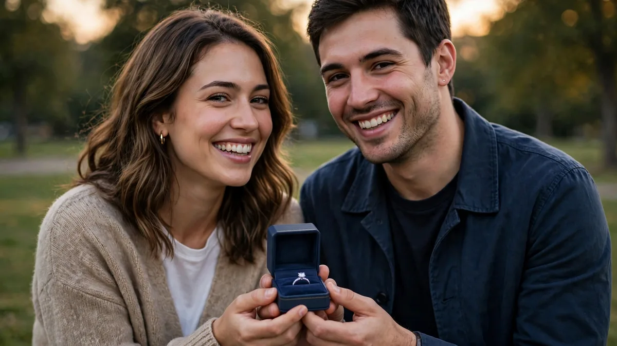 A happy couple smiling together while holding an engagement ring box outdoors in soft evening light