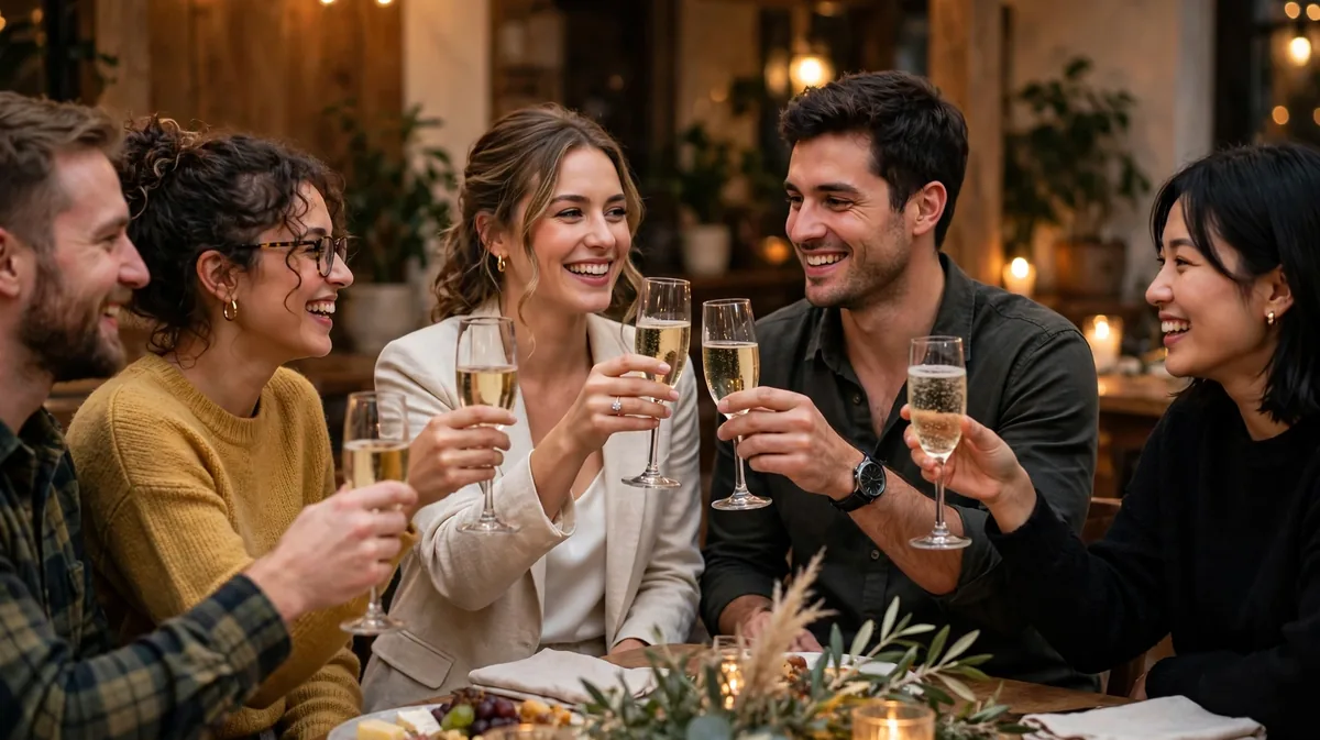 Friends raising glasses in a toast to an engaged couple at a warm indoor party