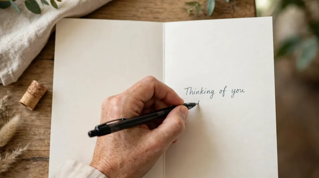 A hand writing a short message inside a blank greeting card with a pen