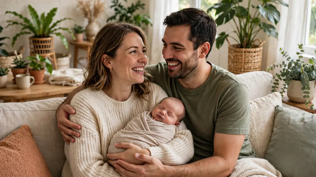 first time parents smiling while cuddling their newborn baby on a sofa in a bright living room