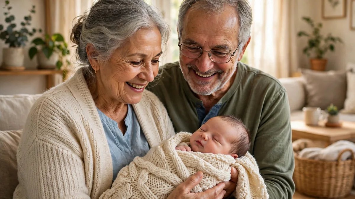 happy grandparents gently holding their newborn grandchild in a sunlit living room