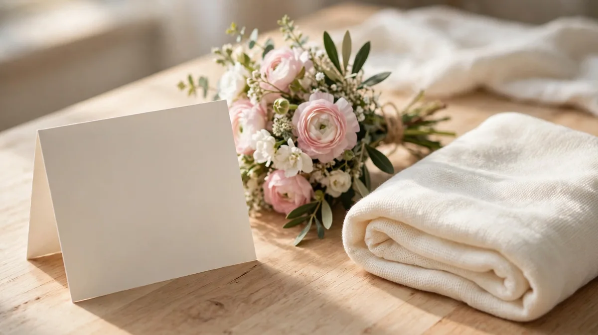 a congratulations card resting beside a small bouquet of soft pink and white flowers and a folded cream baby blanket on a wooden table