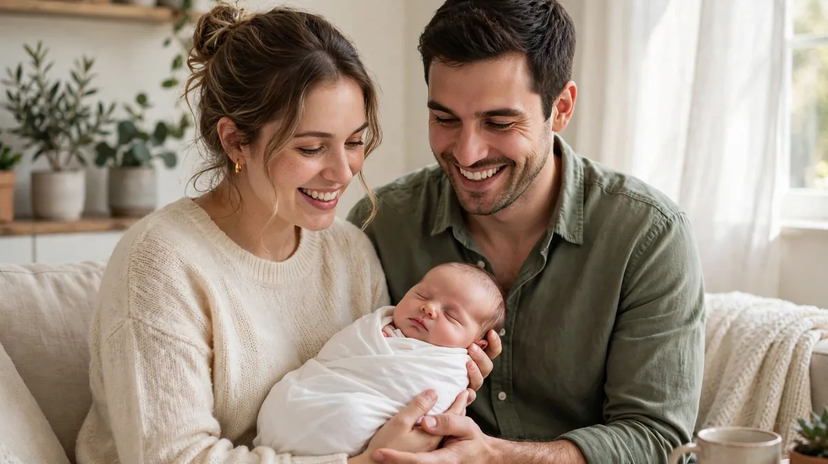 new parents holding their sleeping newborn baby wrapped in a white blanket at home