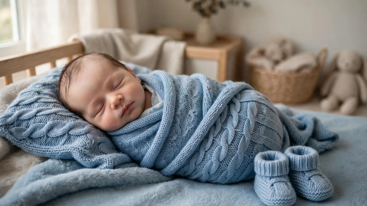 a newborn baby boy sleeping peacefully in a soft blue blanket with tiny knitted booties beside him